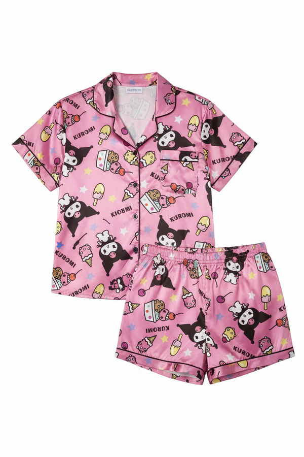 Sanrio Kuromi Violet Printed Button-Up Short-Sleeve Collared Top And Non-Stretch Waistband Shorts, Women'S Casual Sleepwear Set