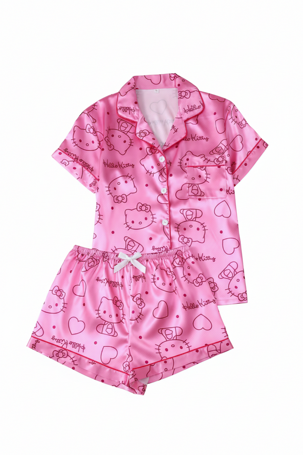 Two-Piece Satin Spring/Summer Women's Sanrio Hello Kitty Print Collared Short Sleeve Button