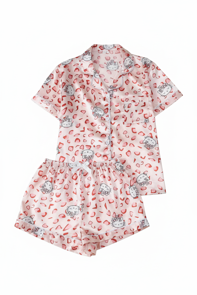 Two-Piece Satin Spring And Summer Women'S Sanrio Hello Kitty Collared Short-Sleeve Button Pocket Top And Bow Shorts Pajama Set