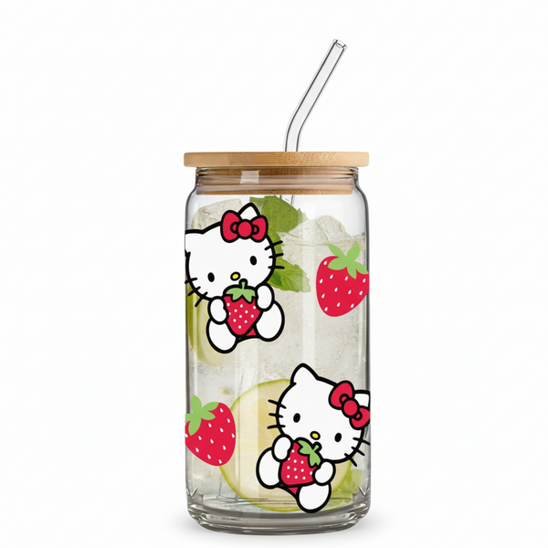 16Oz Glass Straw Cup Featuring a Cartoon-Style Hello Kitty Strawberry Design
